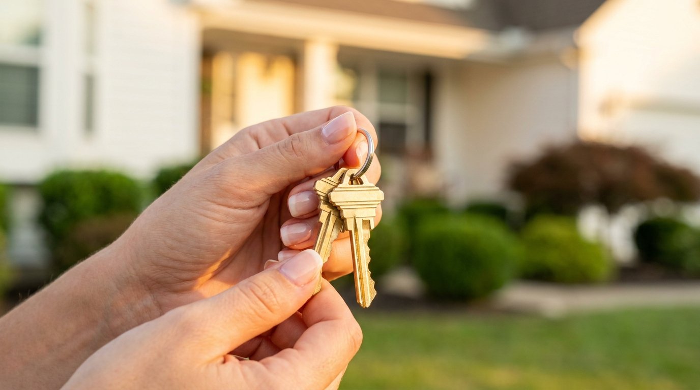 Homeowner holding house keys in front of a well-kept Michigan home in warm evening light