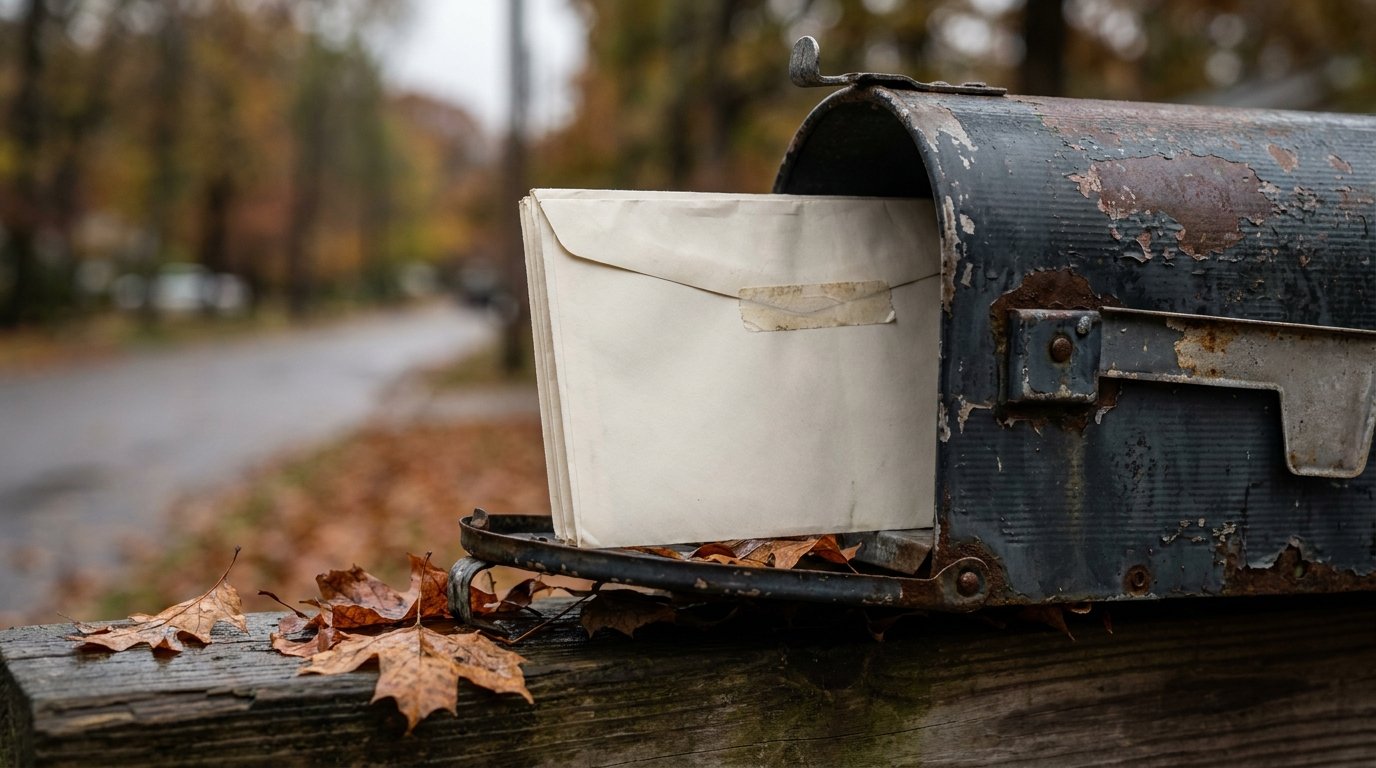 Weathered rural mailbox holding unopened envelopes on a quiet Michigan street in autumn