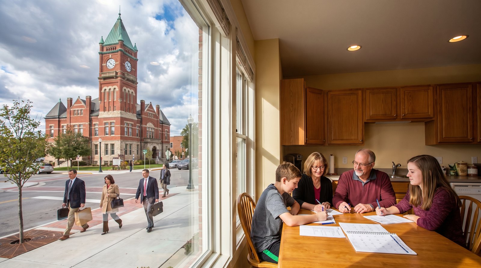 Michigan family filling out property tax exemption paperwork at their kitchen table, county courthouse clock tower visible across the street