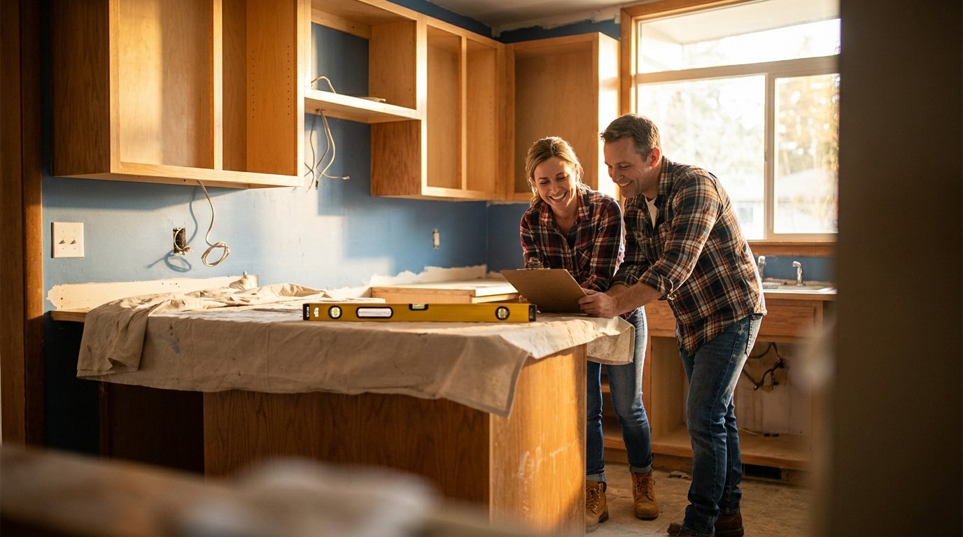 Michigan investor couple reviewing plans in a half-renovated ranch-house kitchen