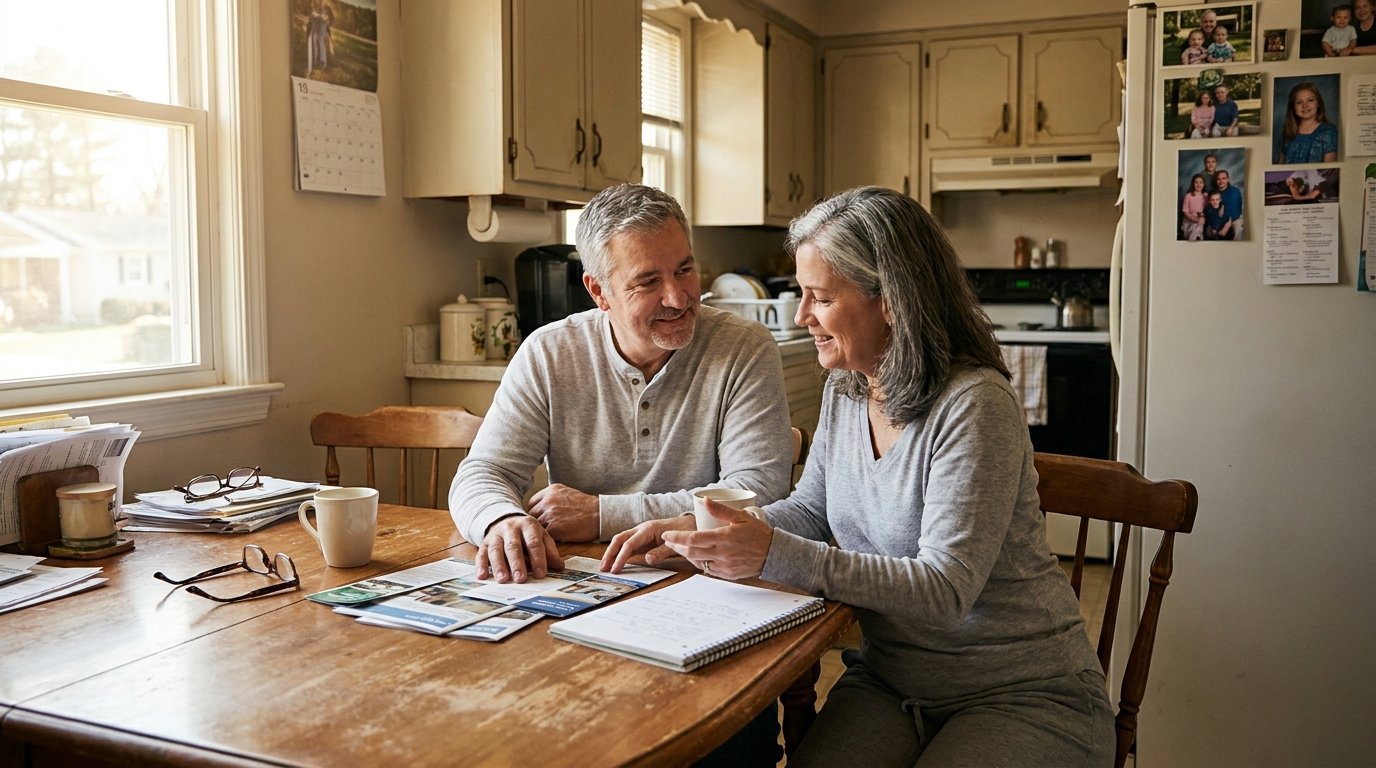 Michigan couple at their kitchen table comparing options on paper in warm morning light, looking hopeful and focused