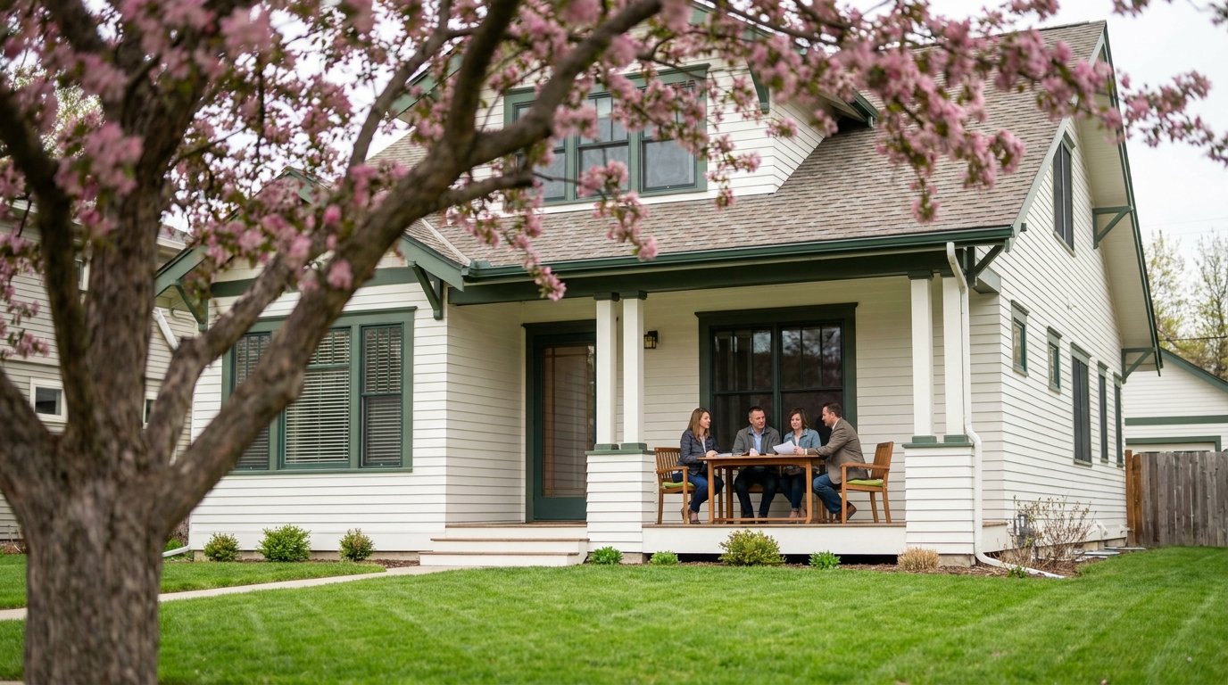 Homeowners reviewing paperwork with an advisor on the porch of a well-kept Michigan home in spring