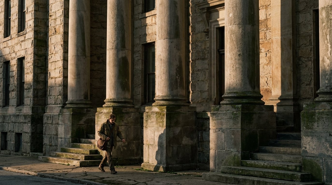 Morning sunlight on the stone columns of a Michigan county courthouse as a person walks past