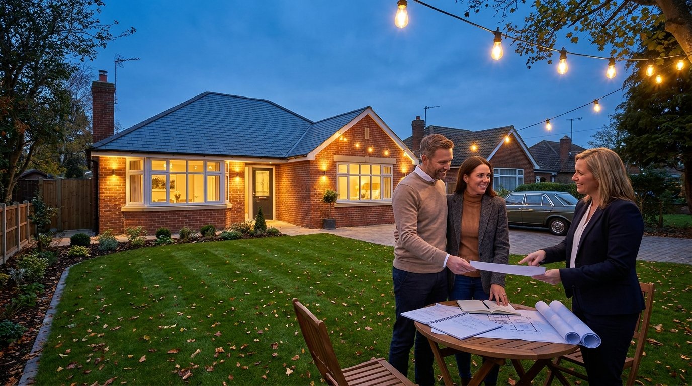 Michigan homeowners reviewing paperwork with an advisor in the garden of their well-kept brick bungalow at dusk