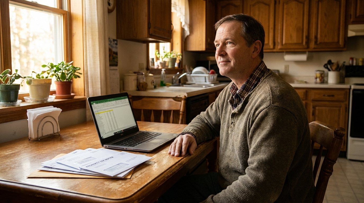 Michigan homeowner reviewing county property tax paperwork at a sunlit kitchen table, looking hopeful