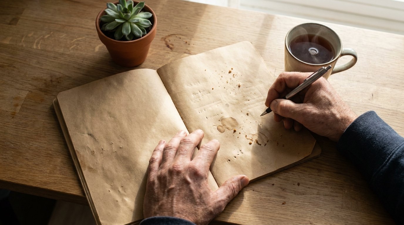 Homeowner's hands writing a household budget in a notebook beside a mug in bright morning light
