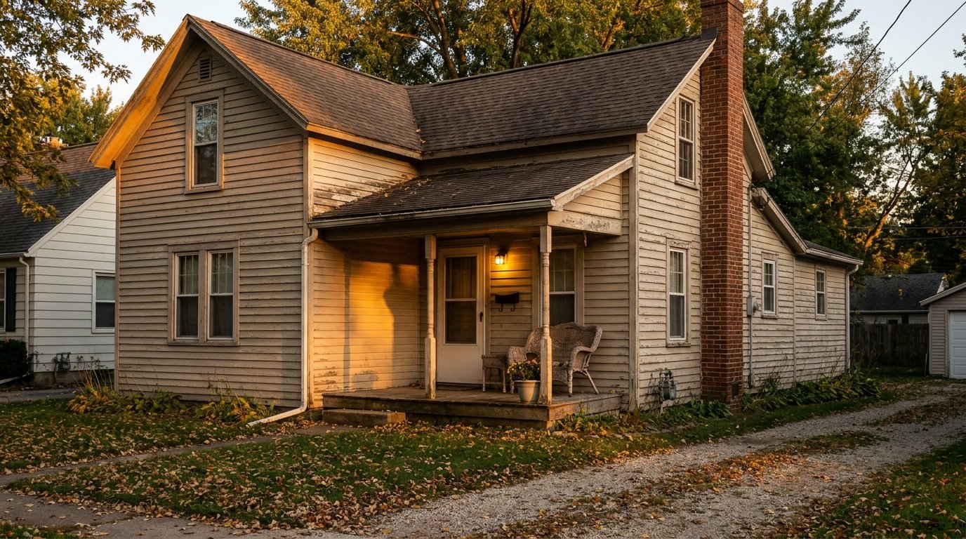 Modest Michigan family home with a lit porch at golden hour on a quiet street