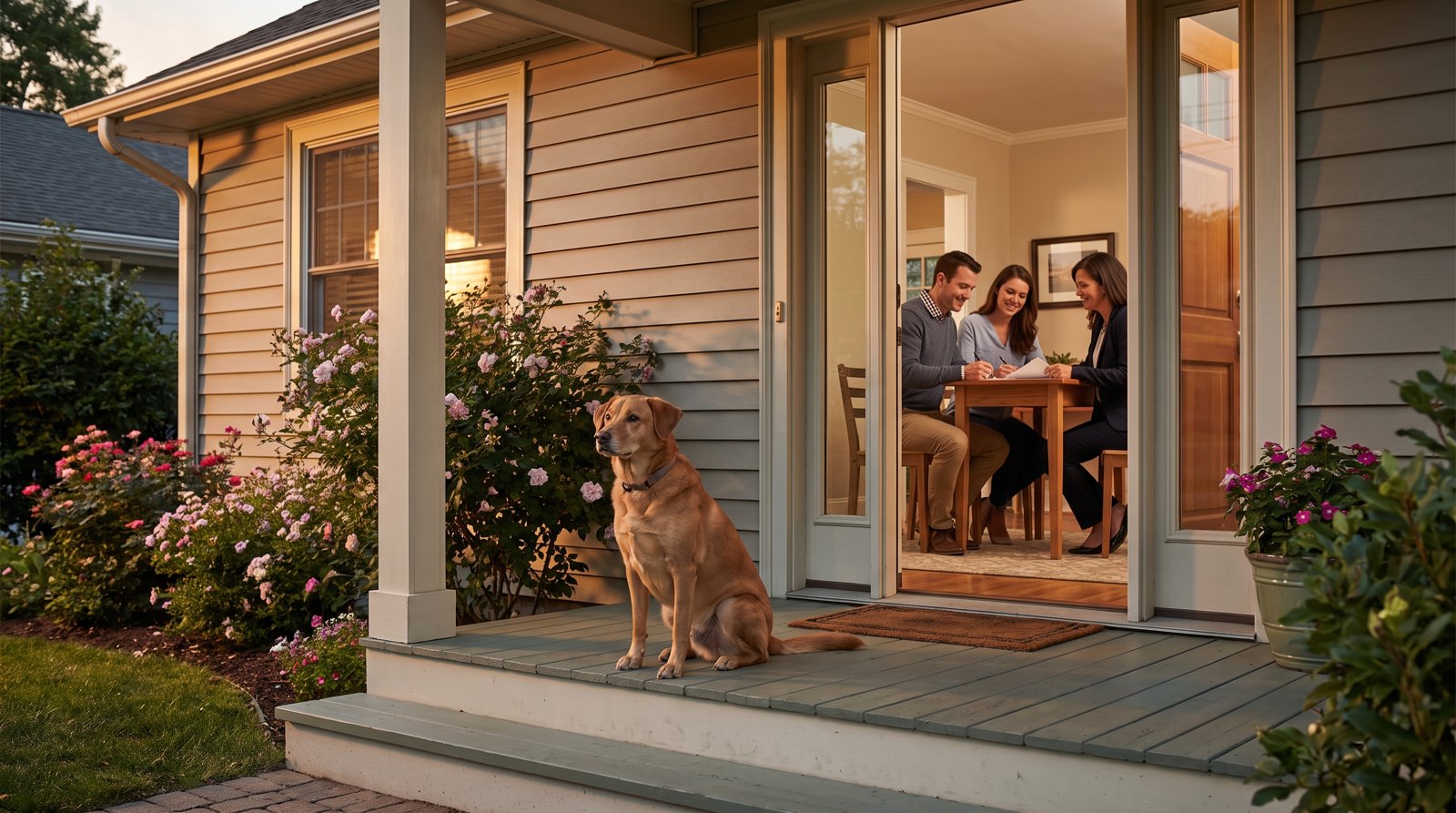 Homeowners signing closing paperwork with an agent at the dining table while the family dog waits on the porch of a well-kept Michigan home