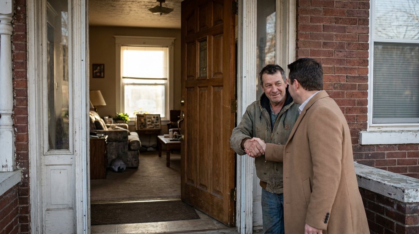 A Michigan homeowner shaking hands with an advisor at the open front door of a brick house, warm daylight inside