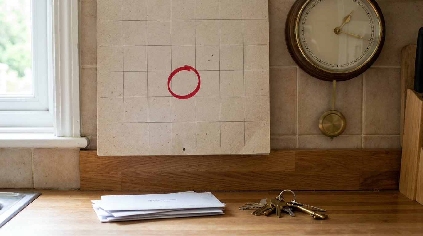 Warm Michigan kitchen with a wall calendar, a date circled in red, house keys and letters on the counter - a homeowner tracking a redemption deadline