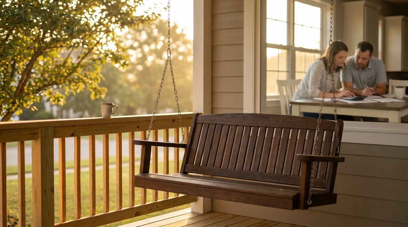 Sunlit porch swing outside a well-kept Michigan home while a couple reviews paperwork at the kitchen table inside