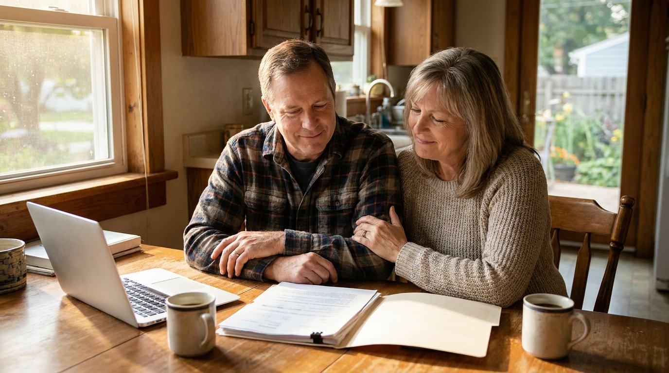 Michigan homeowners sitting at their kitchen table reviewing paperwork together in warm morning light