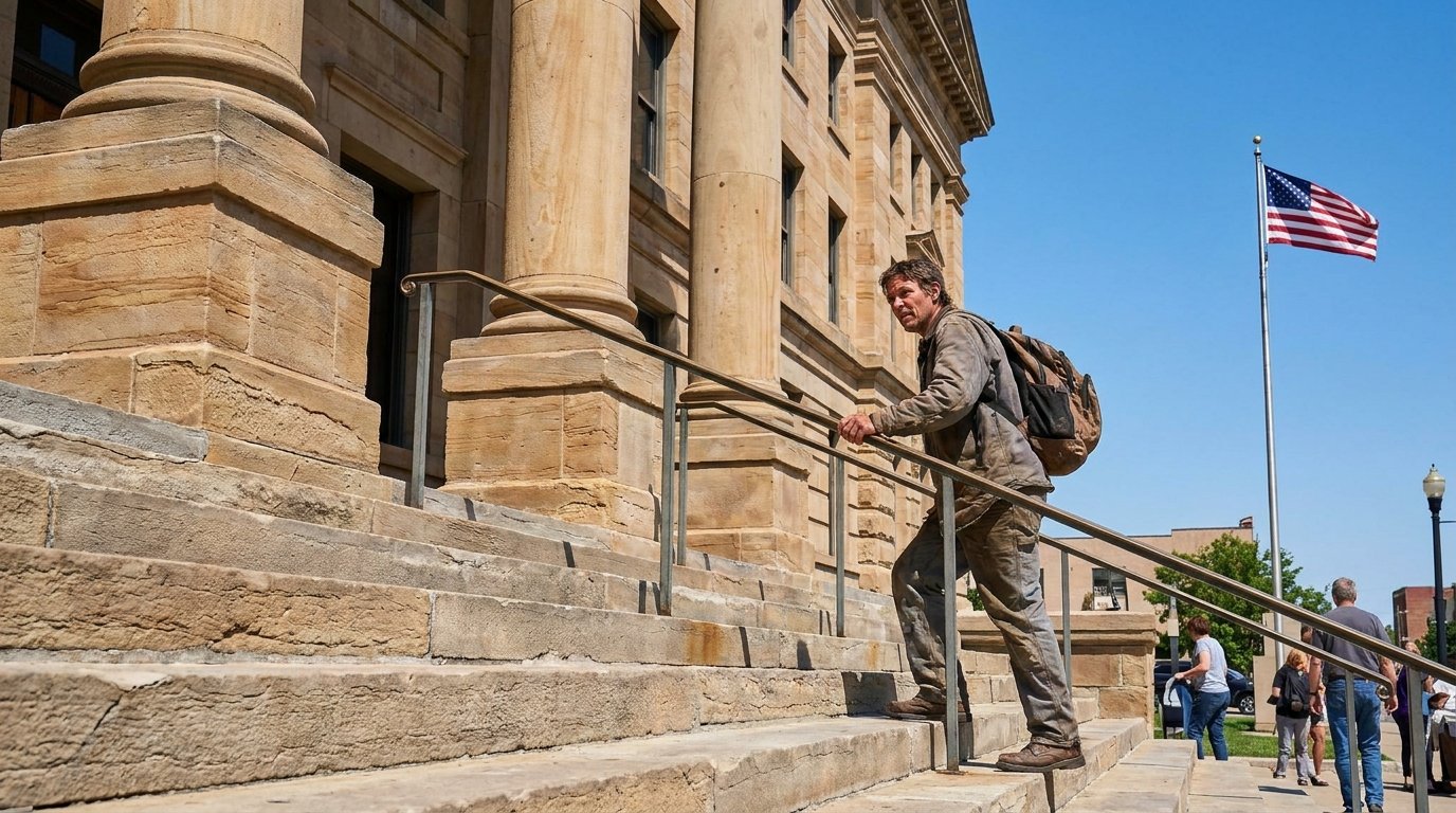 Michigan homeowner walking up the stone steps of a county courthouse on a clear morning