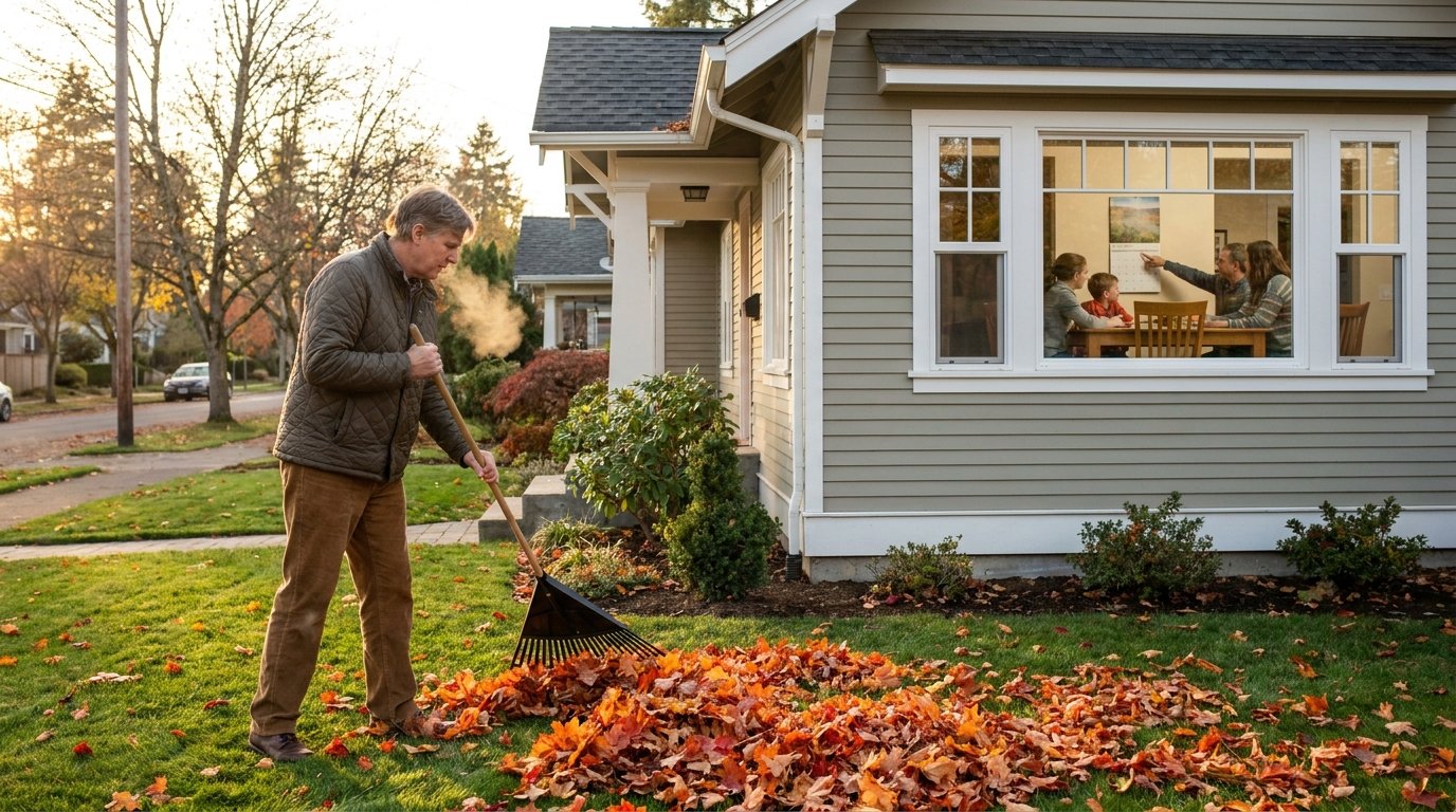 Michigan homeowner raking autumn leaves outside a well-kept home while family plans at the kitchen table inside